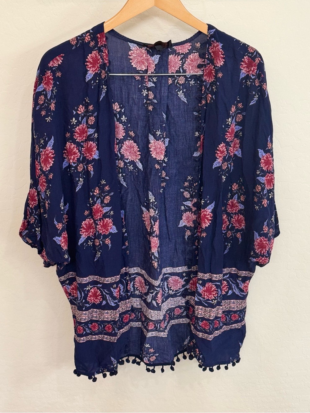 Shyanne Navy Blue Western Floral Boho Kimono Duster Cardigan Pom Pom Trim S/M